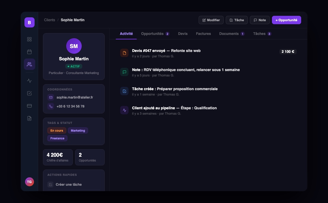 Interface Bonjour CRM — Fiche client